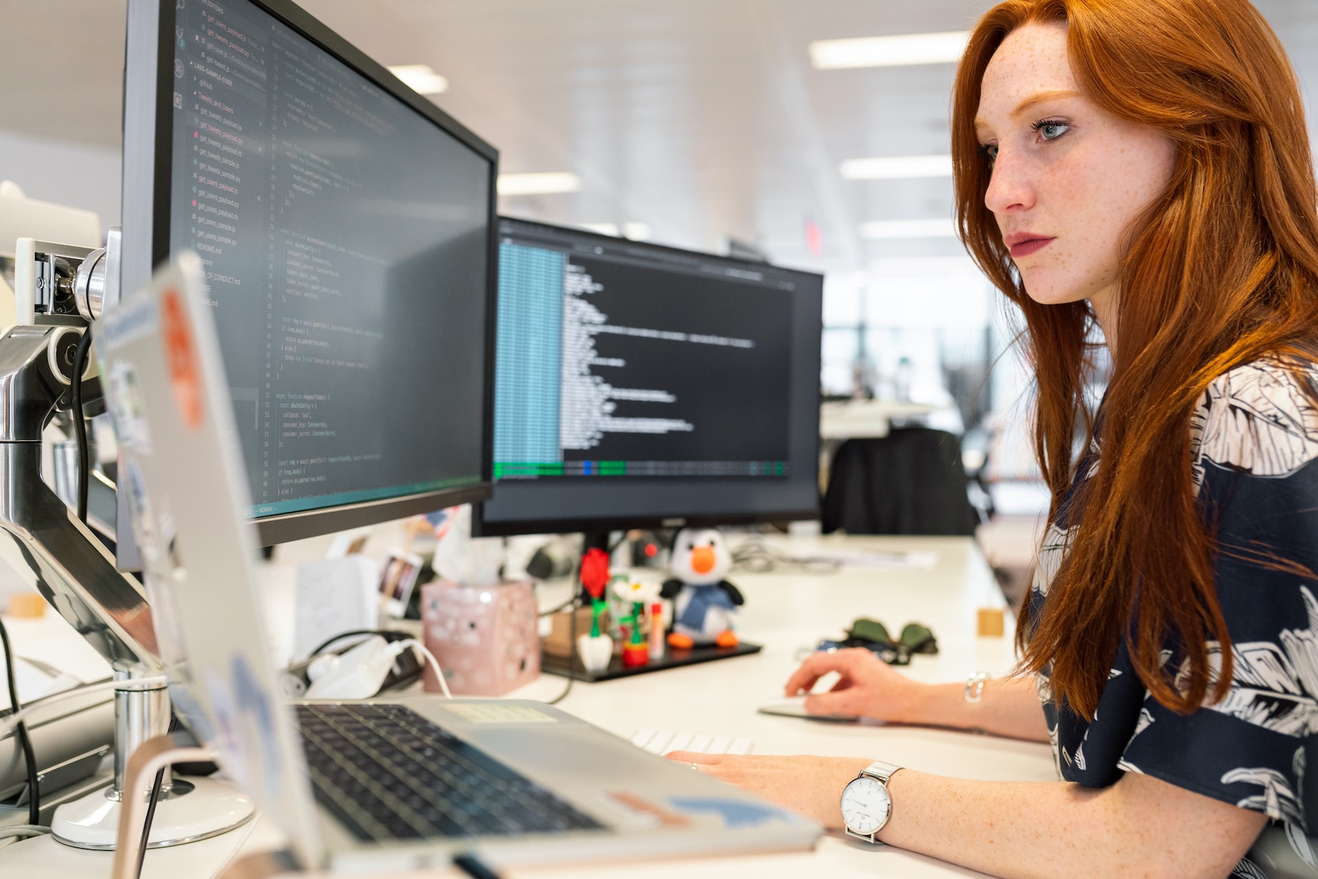 Female engineer working on computers